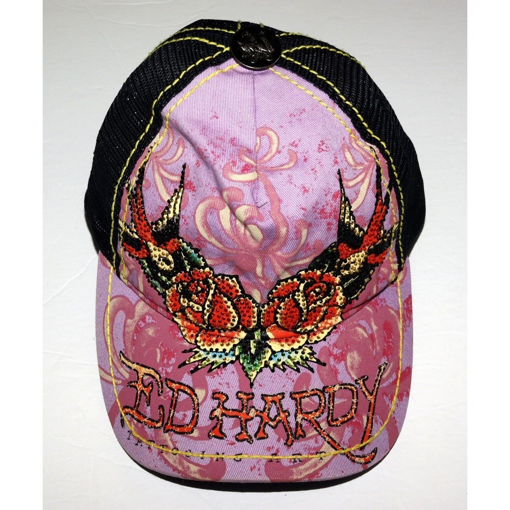 SOLD Ed‎ Hardy Throwback Embellished Floral Roses Snapback Trucker Hat One Size
